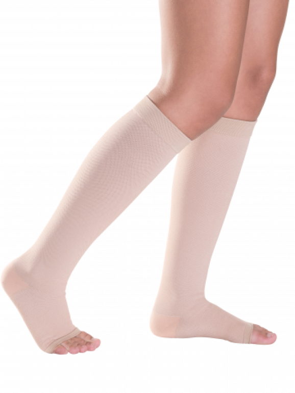 Open Toed Knee High Compression Stockings - Nude